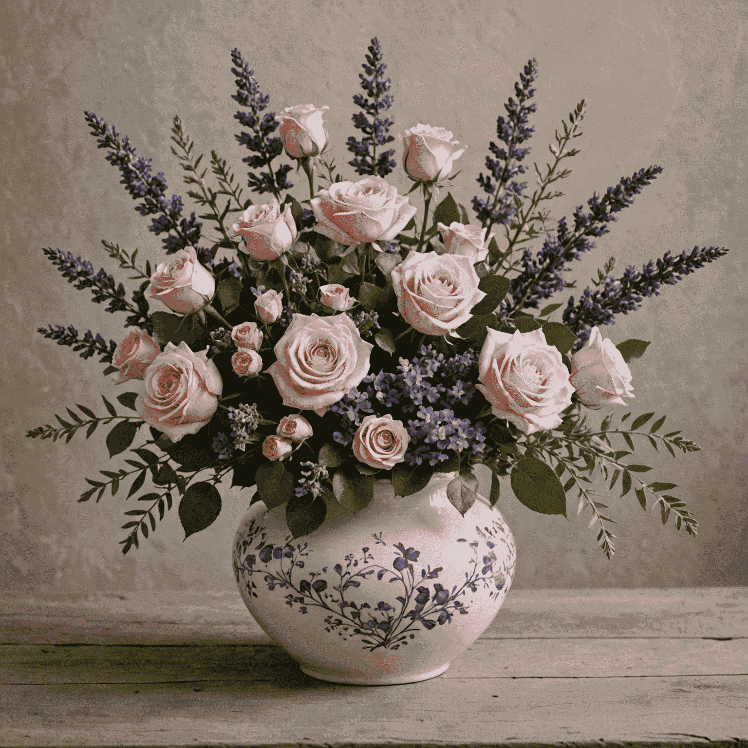 Arreglo floral exquisito con rosas rosadas, lavanda y flores silvestres mediterráneas en un jarrón de cerámica artesanal