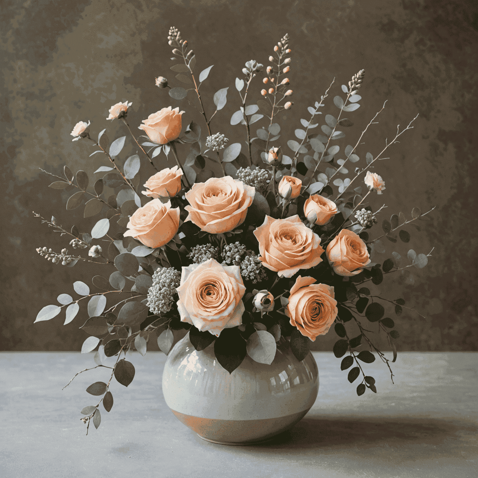 Arreglo floral moderno con rosas color melocotón, eucalipto y flores silvestres en un jarrón de cerámica artesanal
