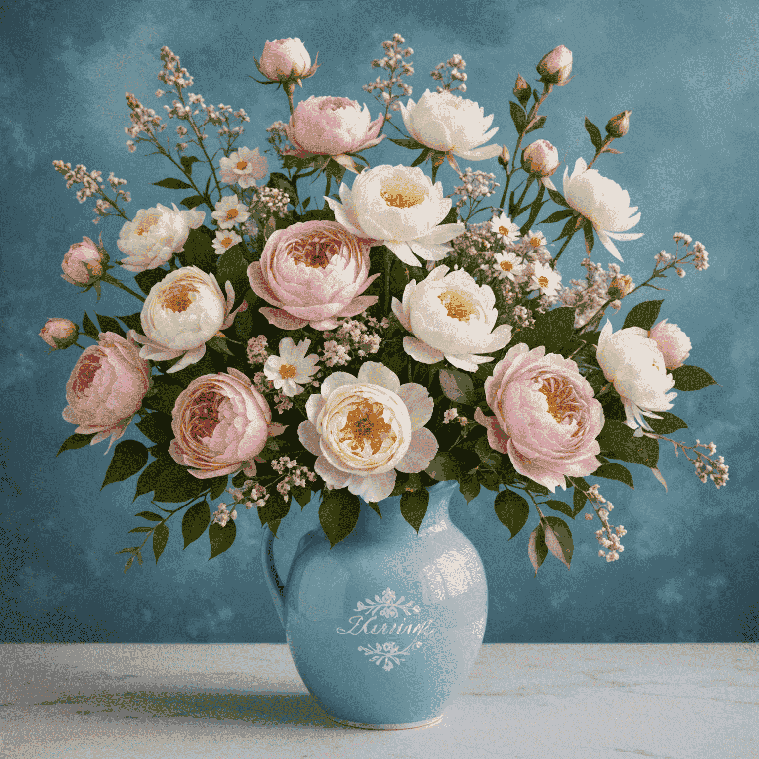 Un hermoso ramo personalizado con rosas rosadas, peonías blancas y delicadas flores silvestres, arreglado artísticamente en un jarrón de cerámica azul cielo