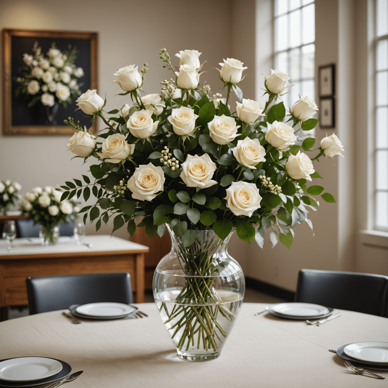 Elegante arreglo floral en una sala de conferencias con rosas blancas y verdes suaves, creando una atmósfera profesional y fresca