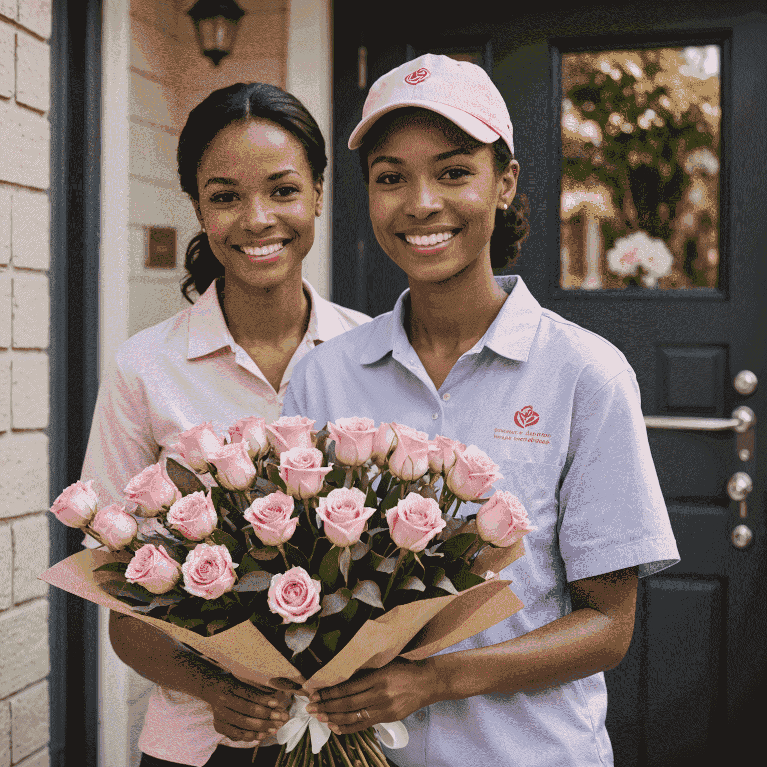 Un repartidor sonriente entregando un hermoso ramo de flores frescas a una cliente feliz en la puerta de su casa. El repartidor lleva un uniforme elegante con el logotipo de la empresa, y el ramo está compuesto por una mezcla de rosas rosadas, lirios blancos y lavanda.
