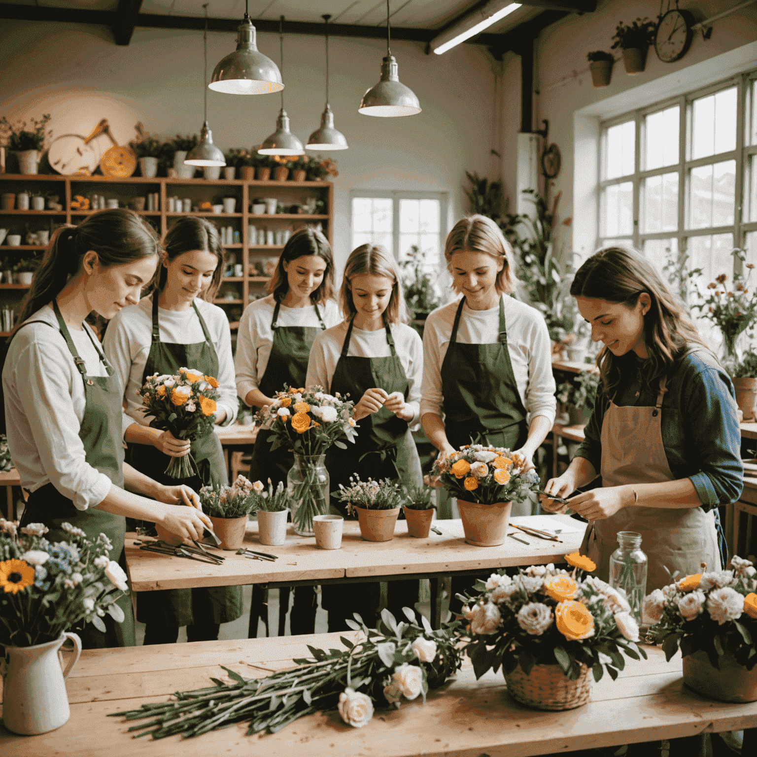 Grupo de estudiantes aprendiendo a crear arreglos florales en un taller luminoso y acogedor, con mesas llenas de flores frescas y herramientas de floristería