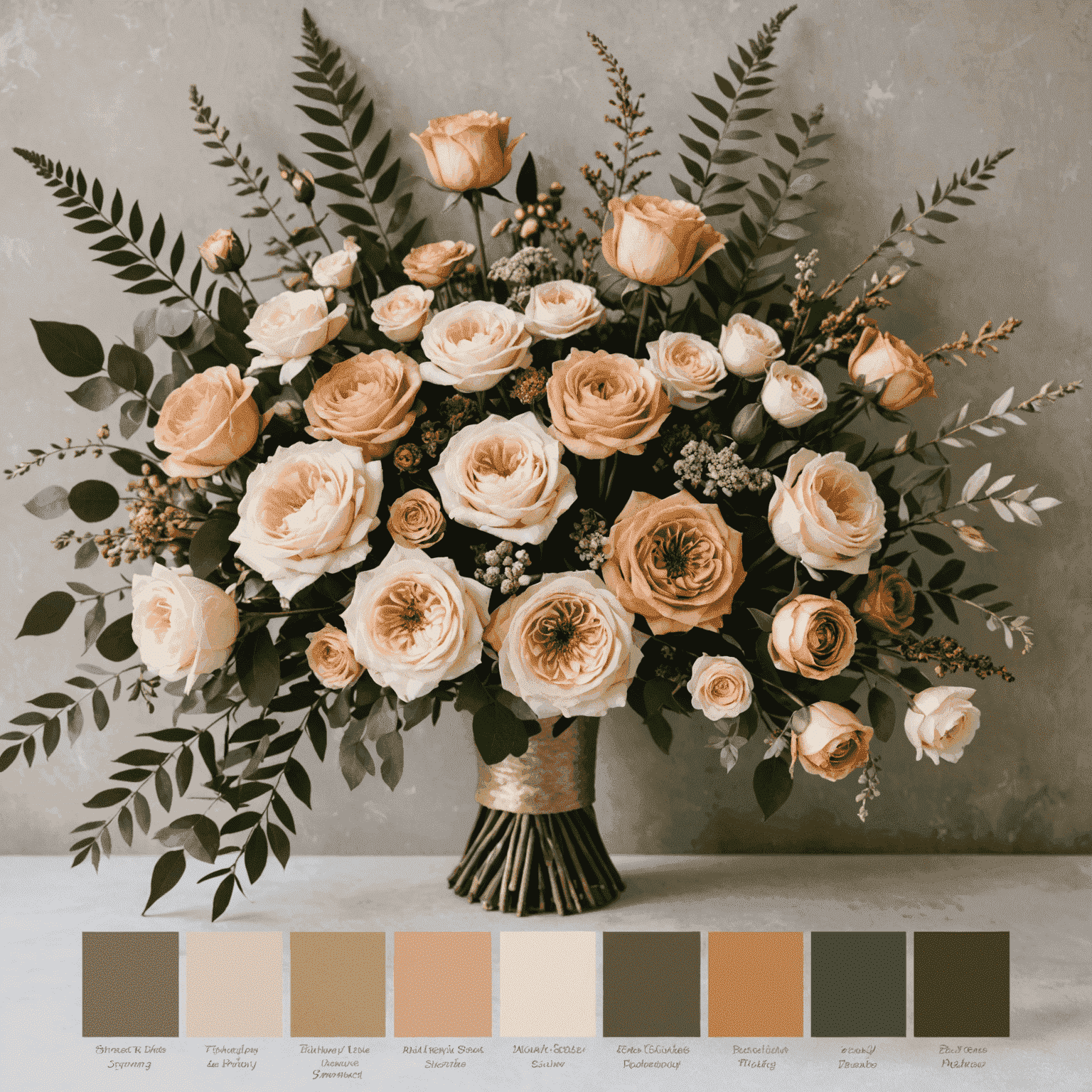 Paleta de colores de tendencia en florística mostrando tonos terrosos, pasteles suaves y acentos metálicos
