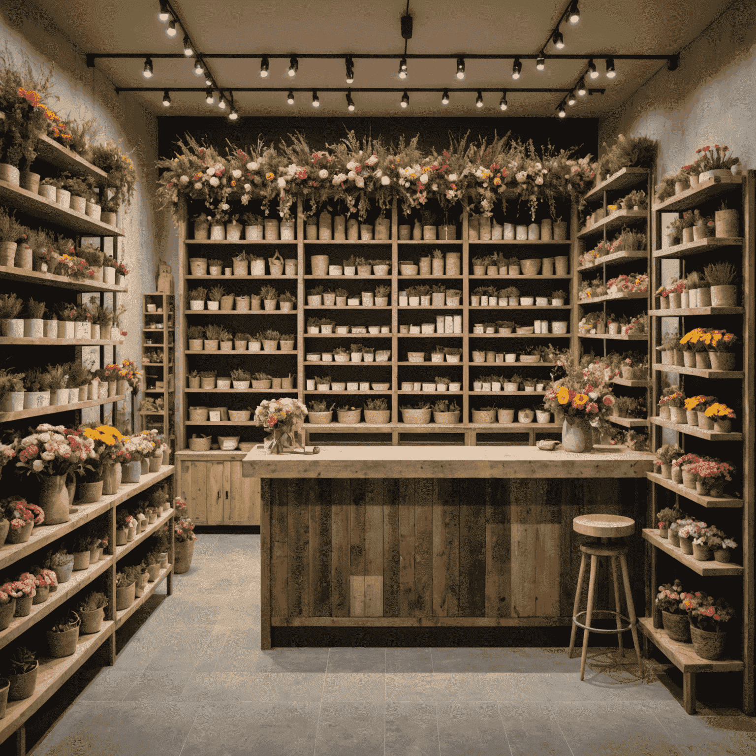 Interior de la nueva tienda Flowers_service en Barcelona, mostrando estanterías llenas de coloridos arreglos florales, un mostrador de diseño rústico y un espacio para talleres decorado con guirnaldas de flores secas