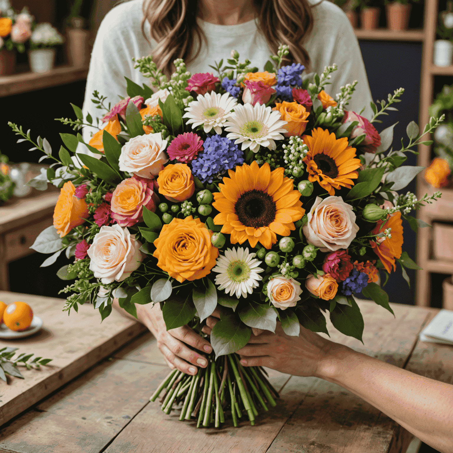 Manos de florista creando un hermoso ramo personalizado con flores frescas y coloridas, enfocándose en los detalles y la precisión del diseño