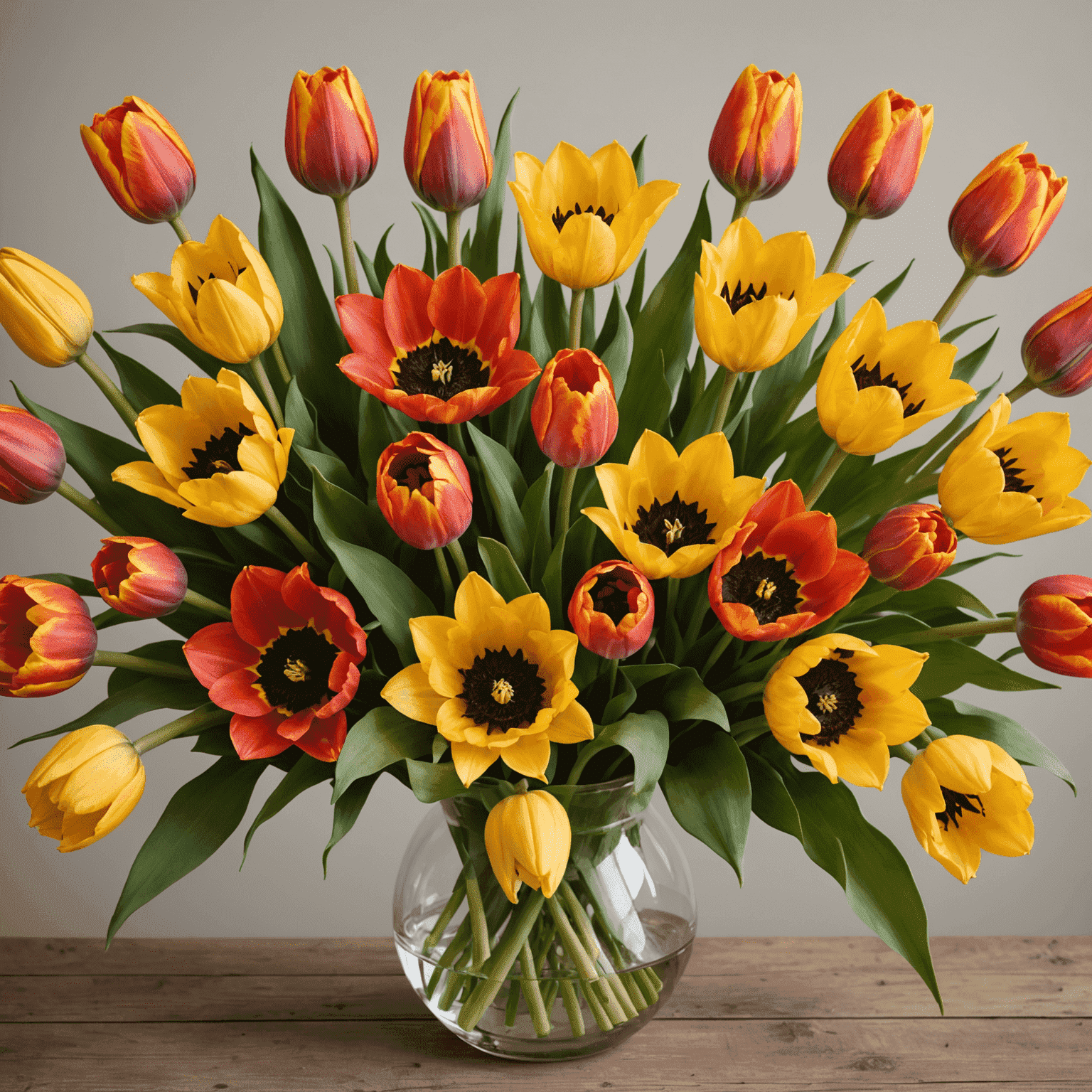 Una selección de flores frescas de temporada incluyendo tulipanes, lirios y girasoles en tonos vibrantes de amarillo, naranja y rojo