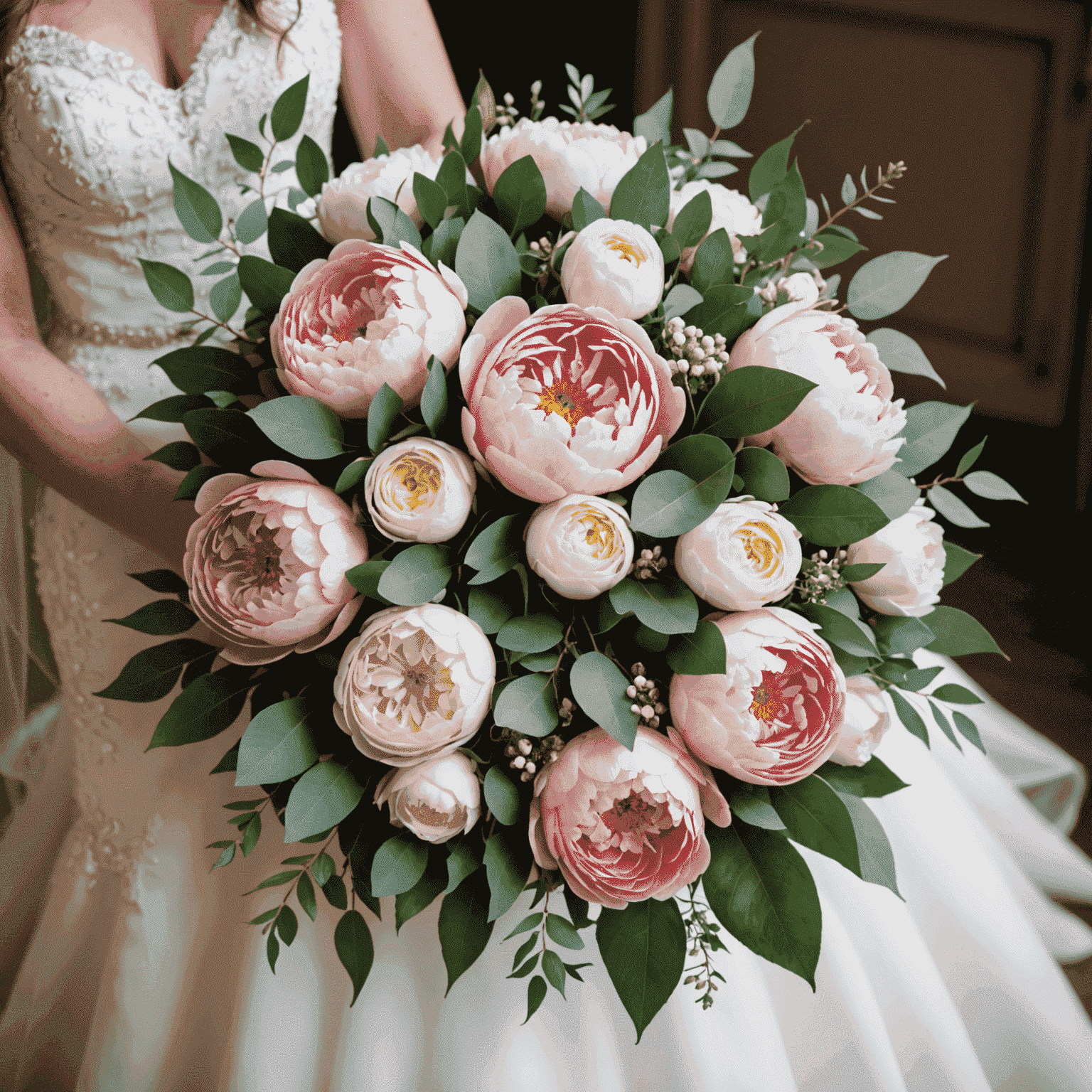 Ramo de novia con peonías rosadas, rosas blancas y eucalipto