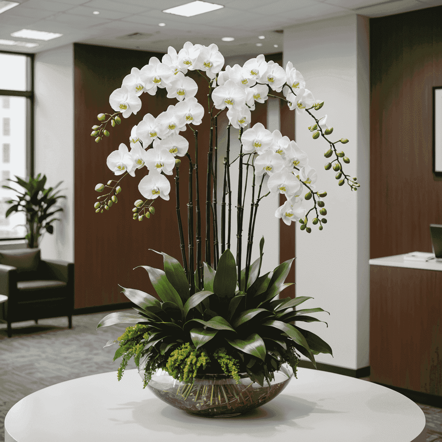 Arreglo floral moderno y minimalista en la recepción de una oficina corporativa, con orquídeas blancas y follaje verde en un jarrón de cristal elegante