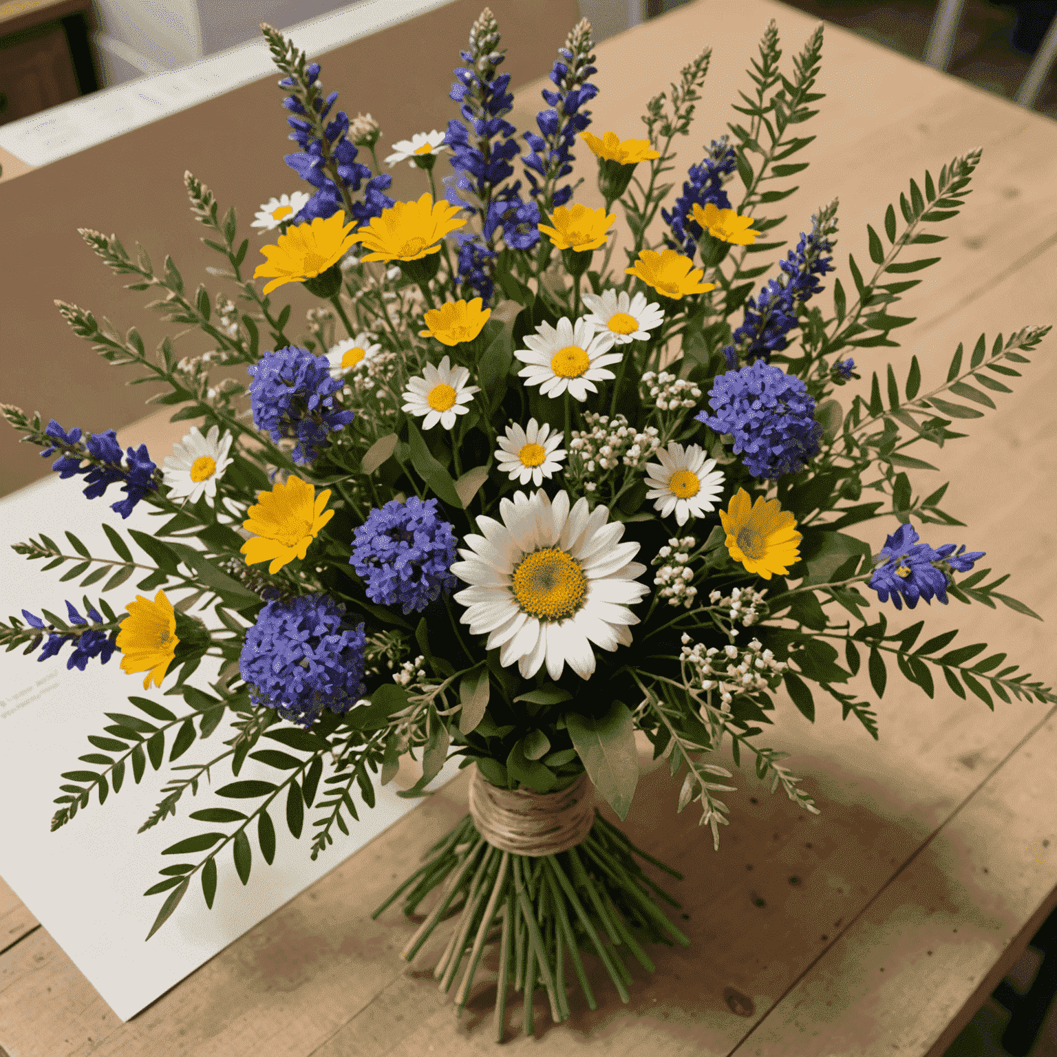 Estudiante principiante creando su primer ramo de flores silvestres mediterráneas con instrucción personalizada