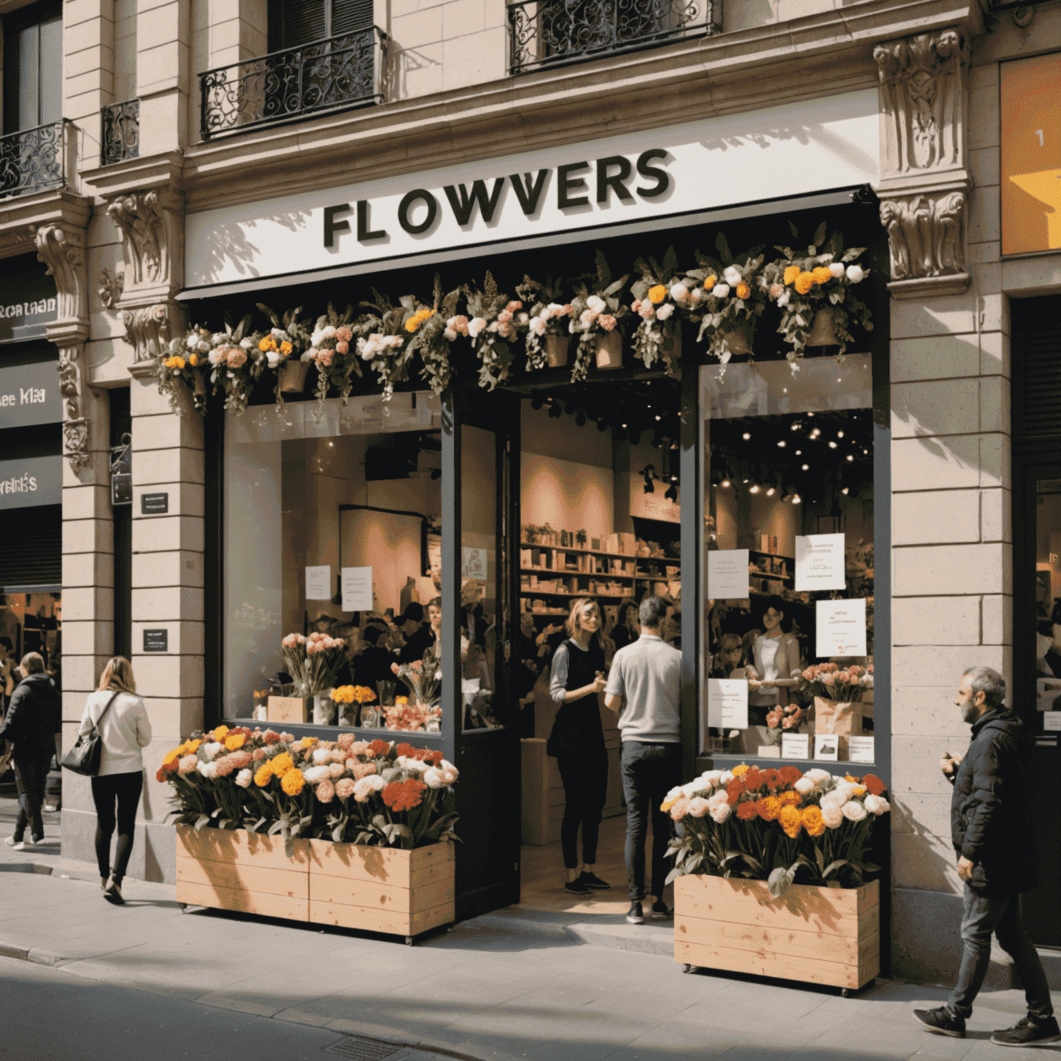 Fachada de la nueva tienda Flowers_service en Barcelona, con escaparates llenos de hermosos arreglos florales y una multitud emocionada esperando la gran apertura