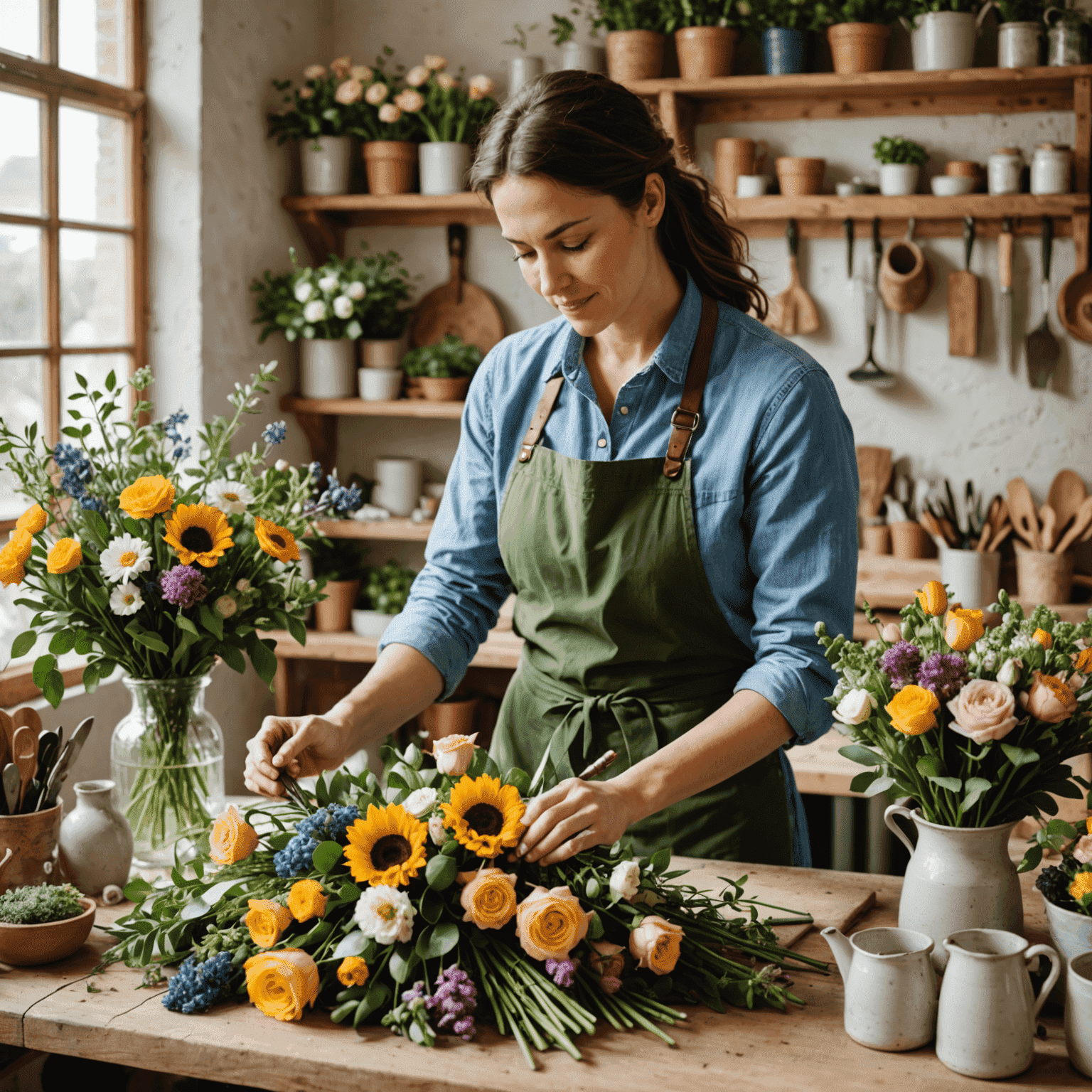 Imagen de un florista profesional creando un hermoso arreglo floral mediterráneo, rodeado de flores frescas y herramientas de floristería en un taller luminoso y acogedor