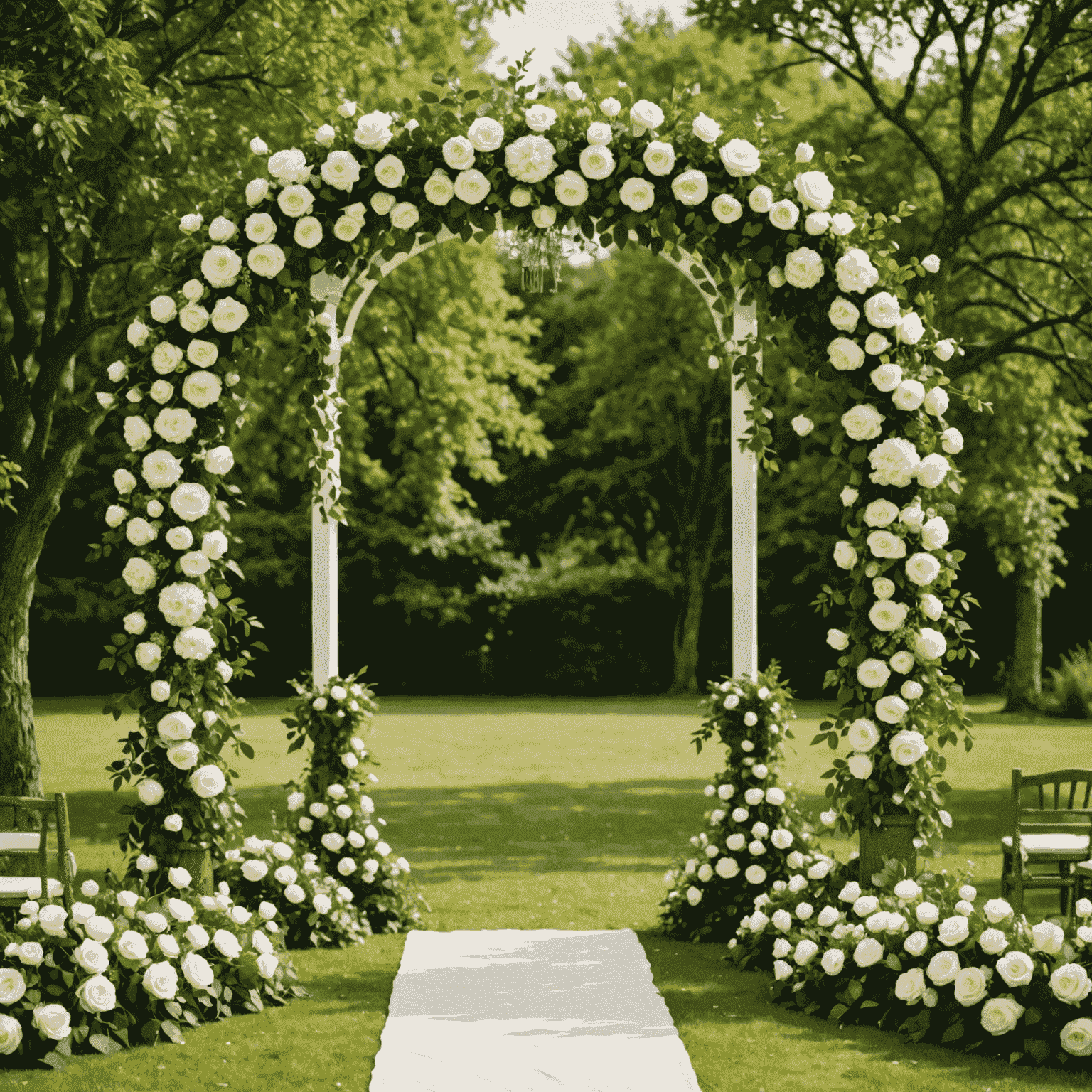 Arco floral elegante para una boda al aire libre, con rosas blancas y follaje verde, creando un ambiente romántico y mediterráneo