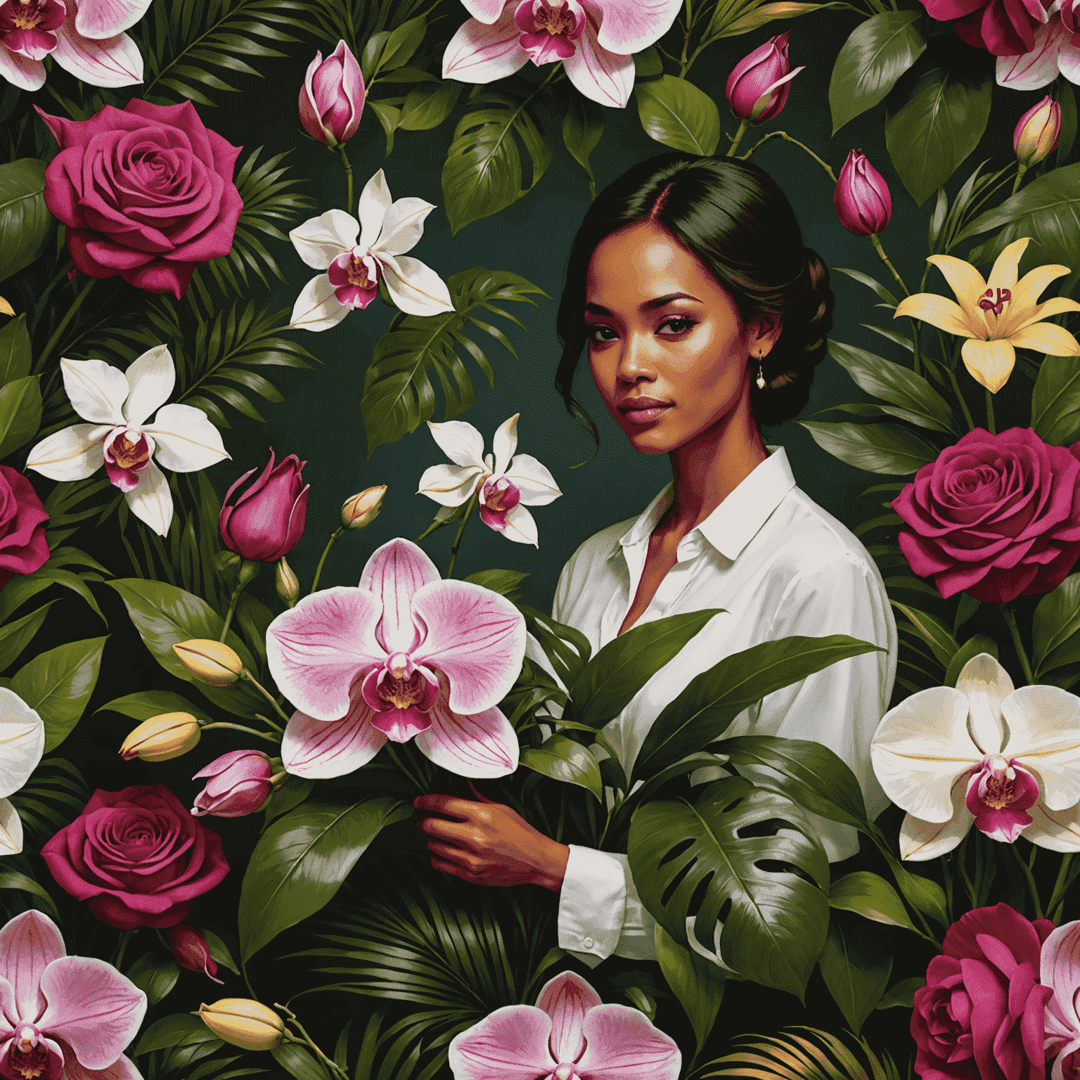 Un florista creativo trabajando en un diseño floral intrincado, combinando rosas, orquídeas y follaje exótico