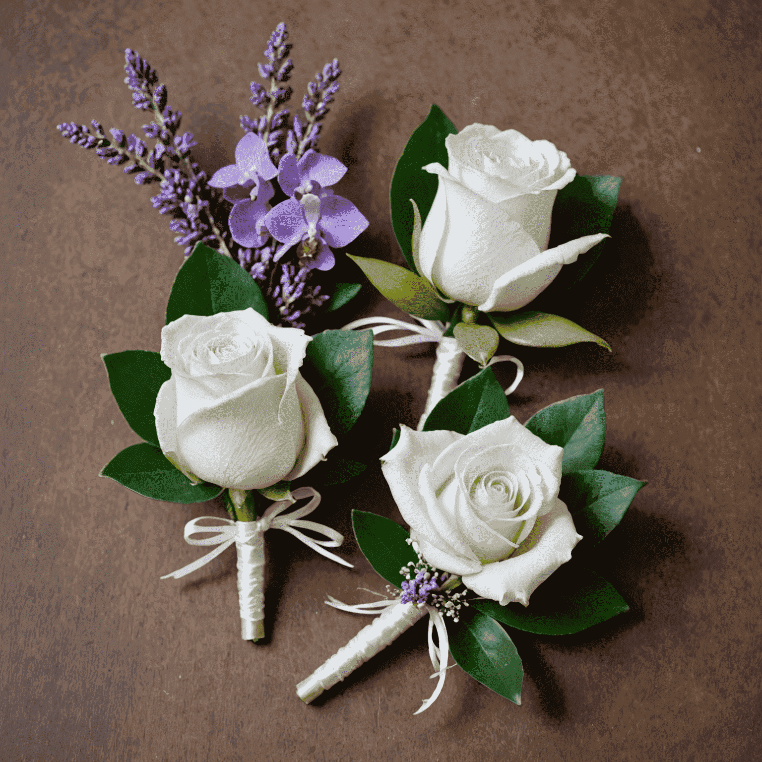 Boutonniere de rosa blanca con lavanda y un corsage de orquídeas