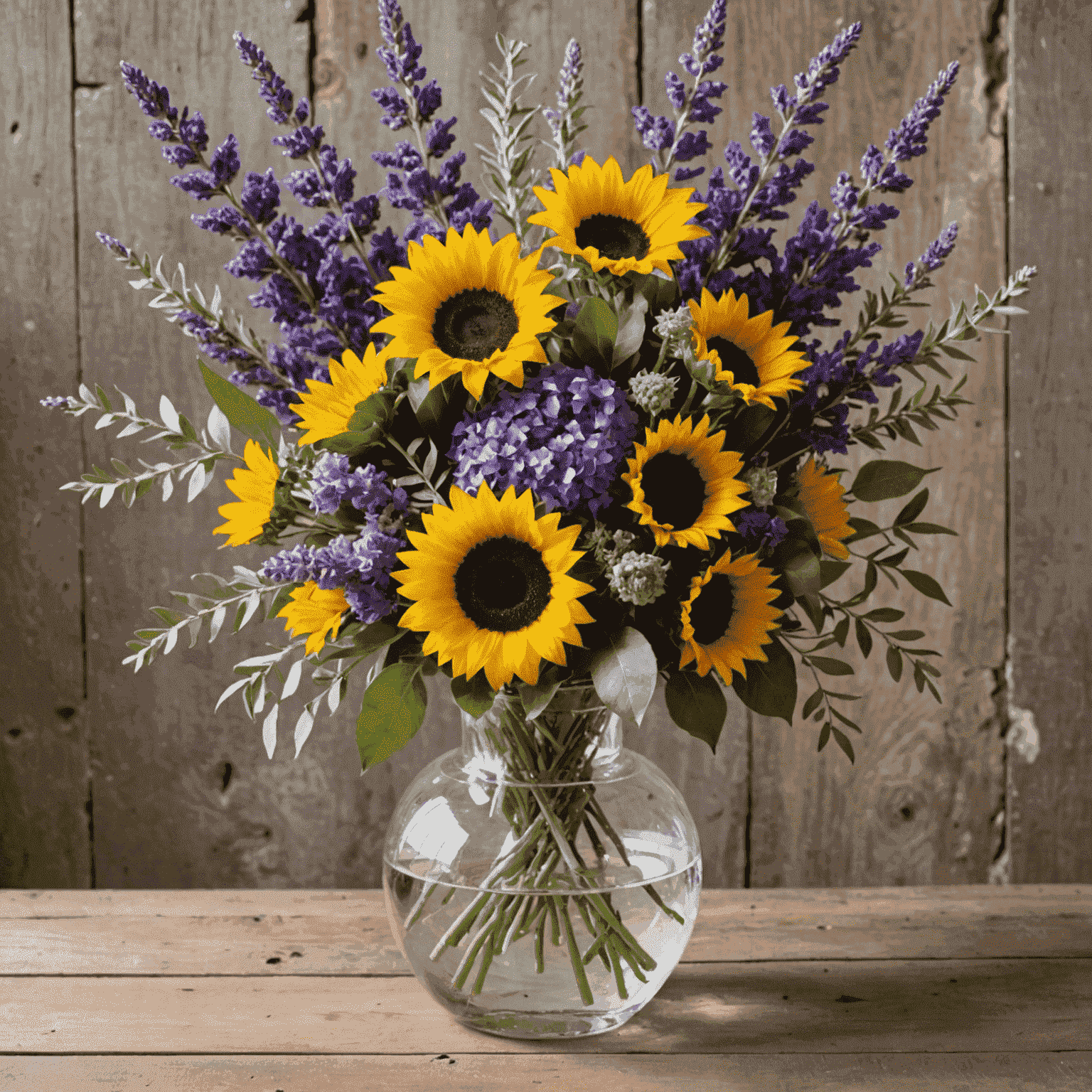 Una composición floral exuberante y colorida en un jarrón de cristal, con una mezcla de flores mediterráneas como lavanda, girasoles y olivos. El arreglo está colocado en una mesa de madera rústica con un fondo de pared de piedra.