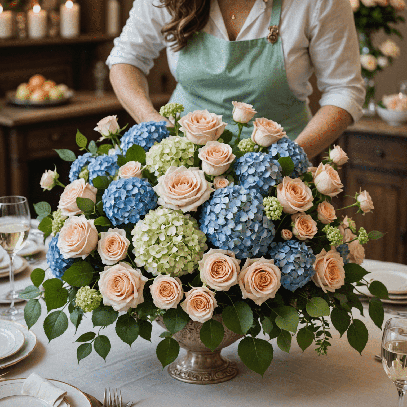 Florista intermedio trabajando en un elaborado centro de mesa con rosas y hortensias en tonos pastel