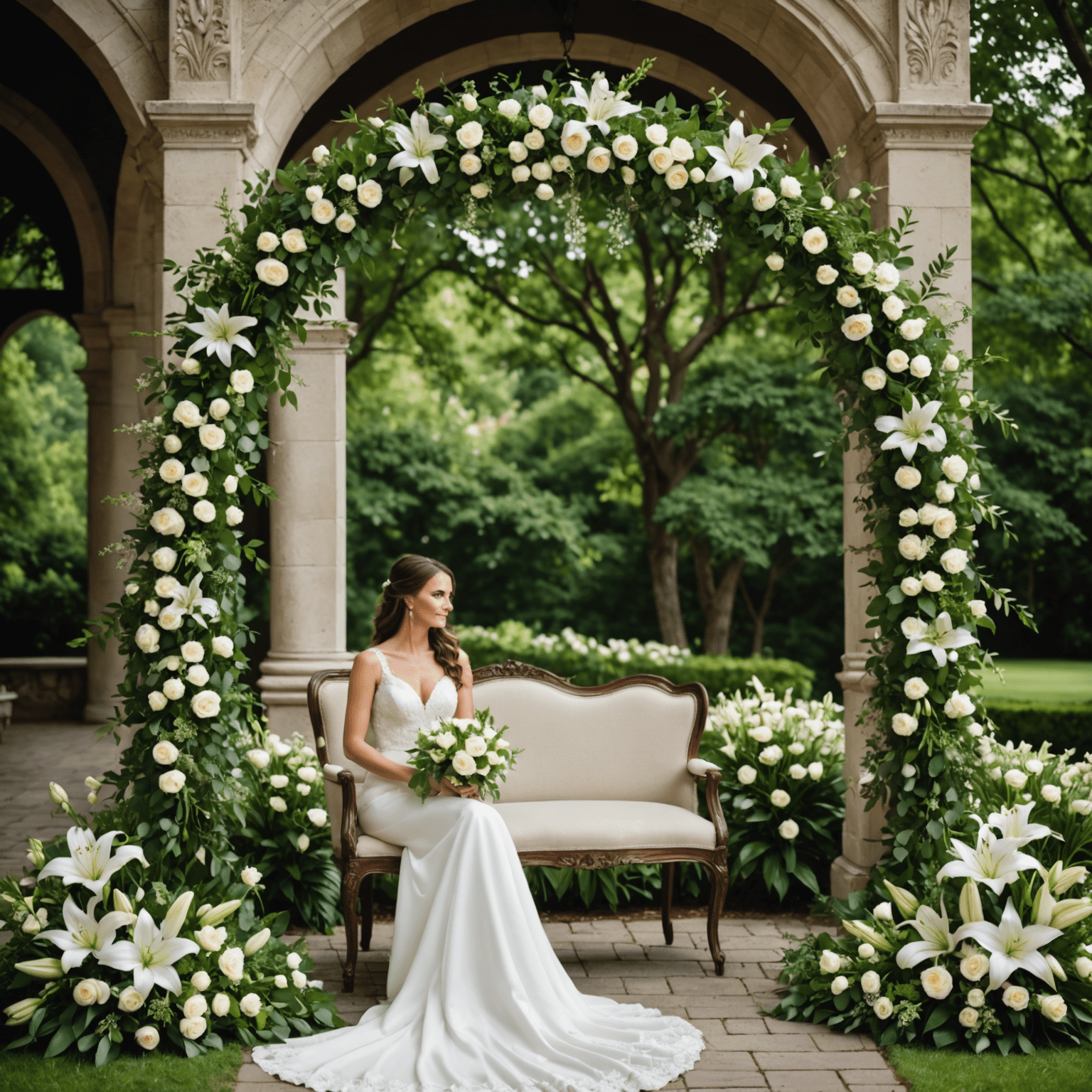 Arco de boda adornado con rosas, lirios y follaje verde exuberante