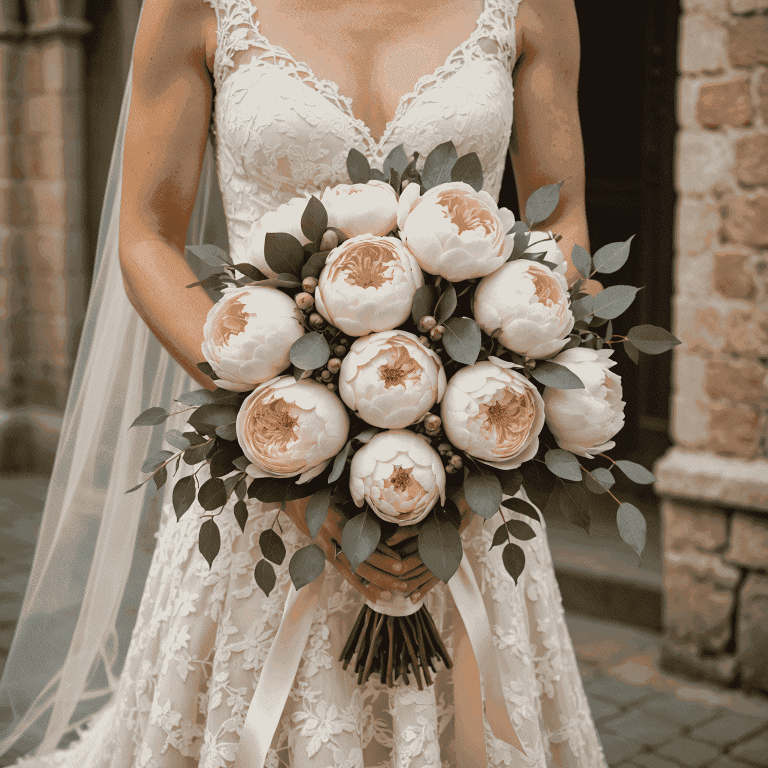 Un elegante ramo de novia con peonías blancas, rosas de color melocotón suave y eucalipto, atado con una cinta de seda crema. El ramo está sostenido por una novia en un vestido blanco con encaje, con un fondo borroso de una iglesia española.