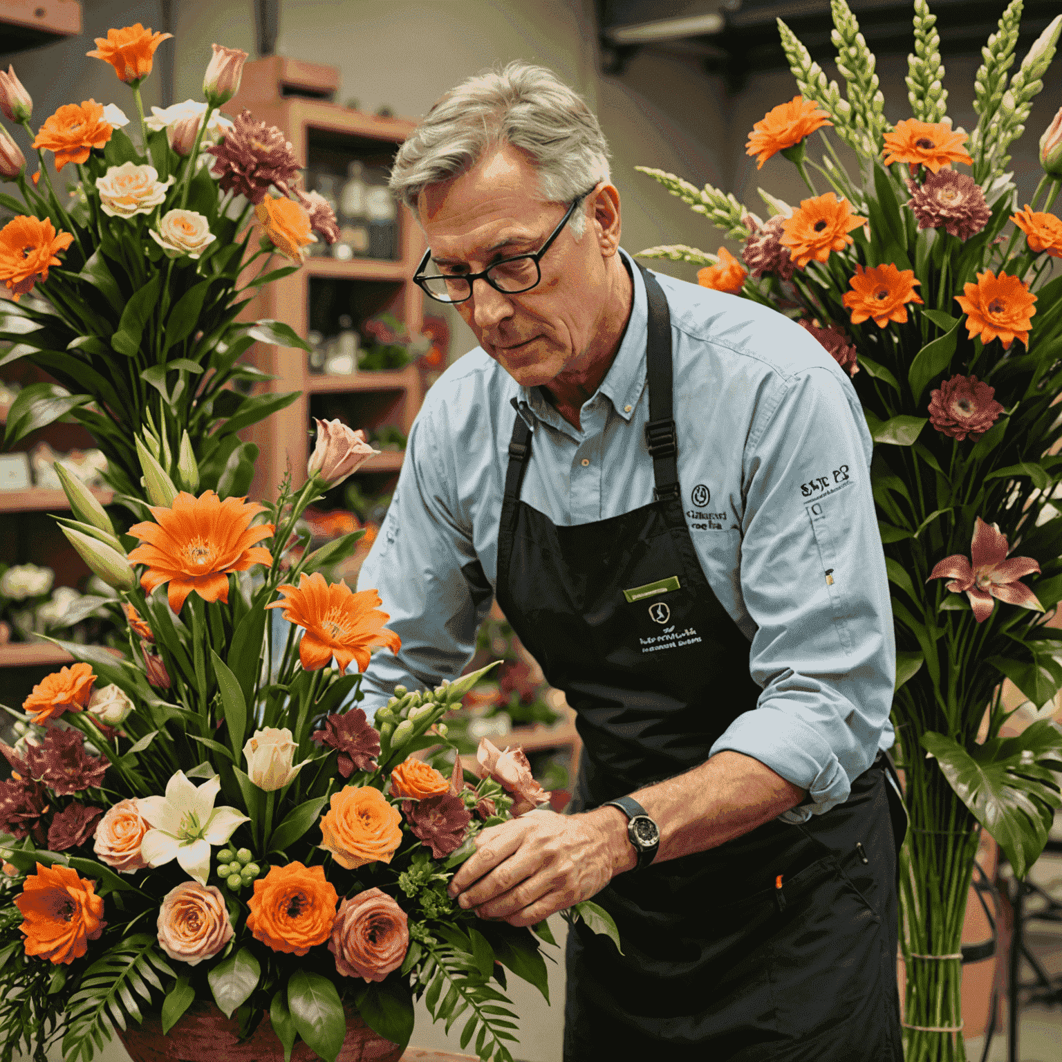 Maestro florista demostrando técnicas avanzadas de diseño floral con flores exóticas y estructuras complejas