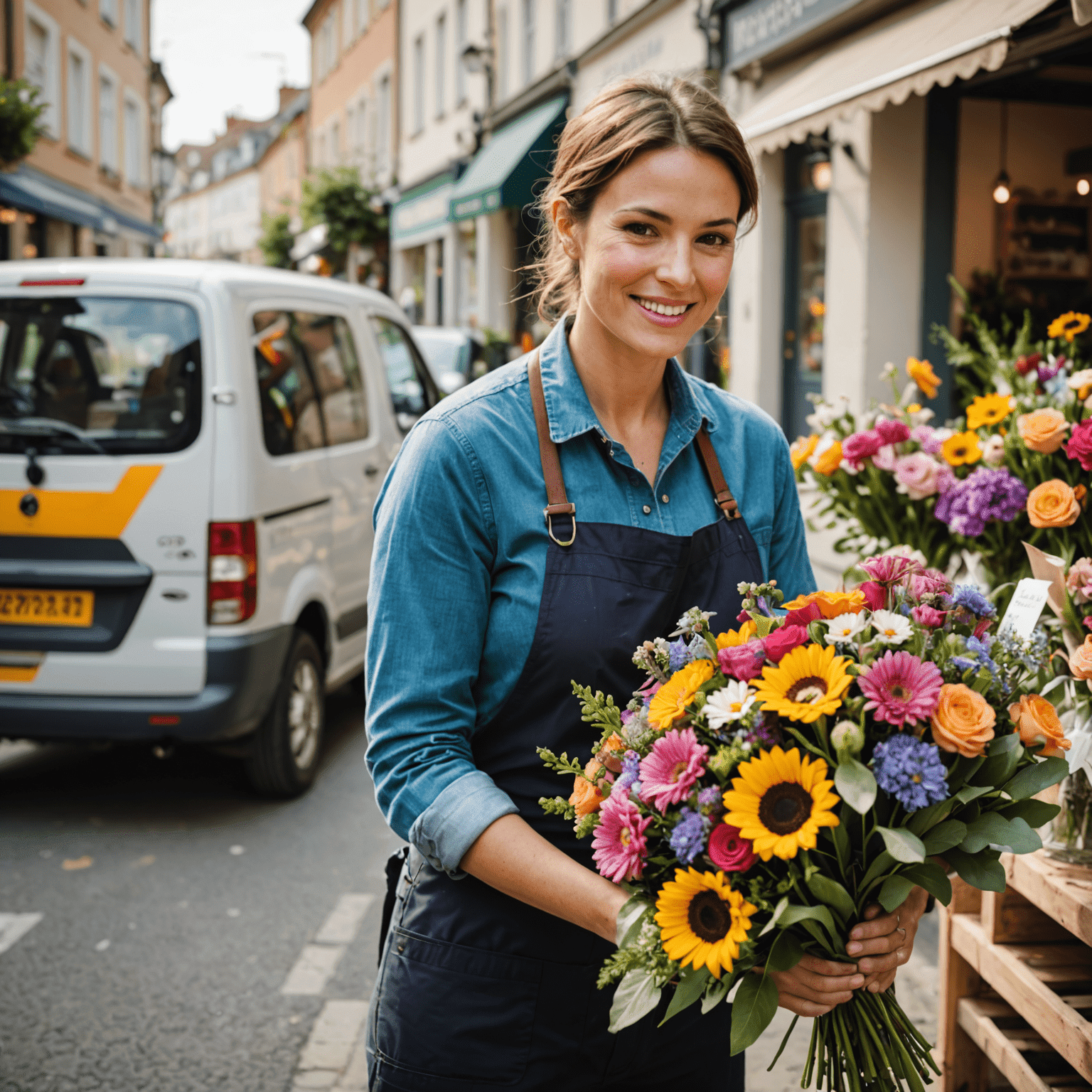 Florista preparando un ramo fresco para entrega rápida, con una variedad de flores coloridas y un vehículo de reparto en el fondo