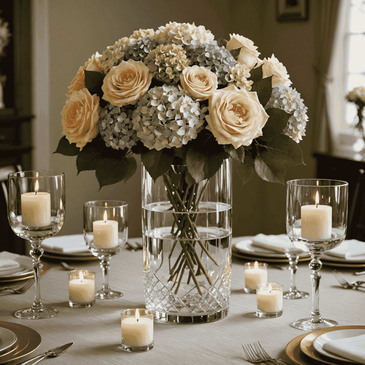 Centro de mesa con rosas, hortensias y velas en un jarrón de cristal