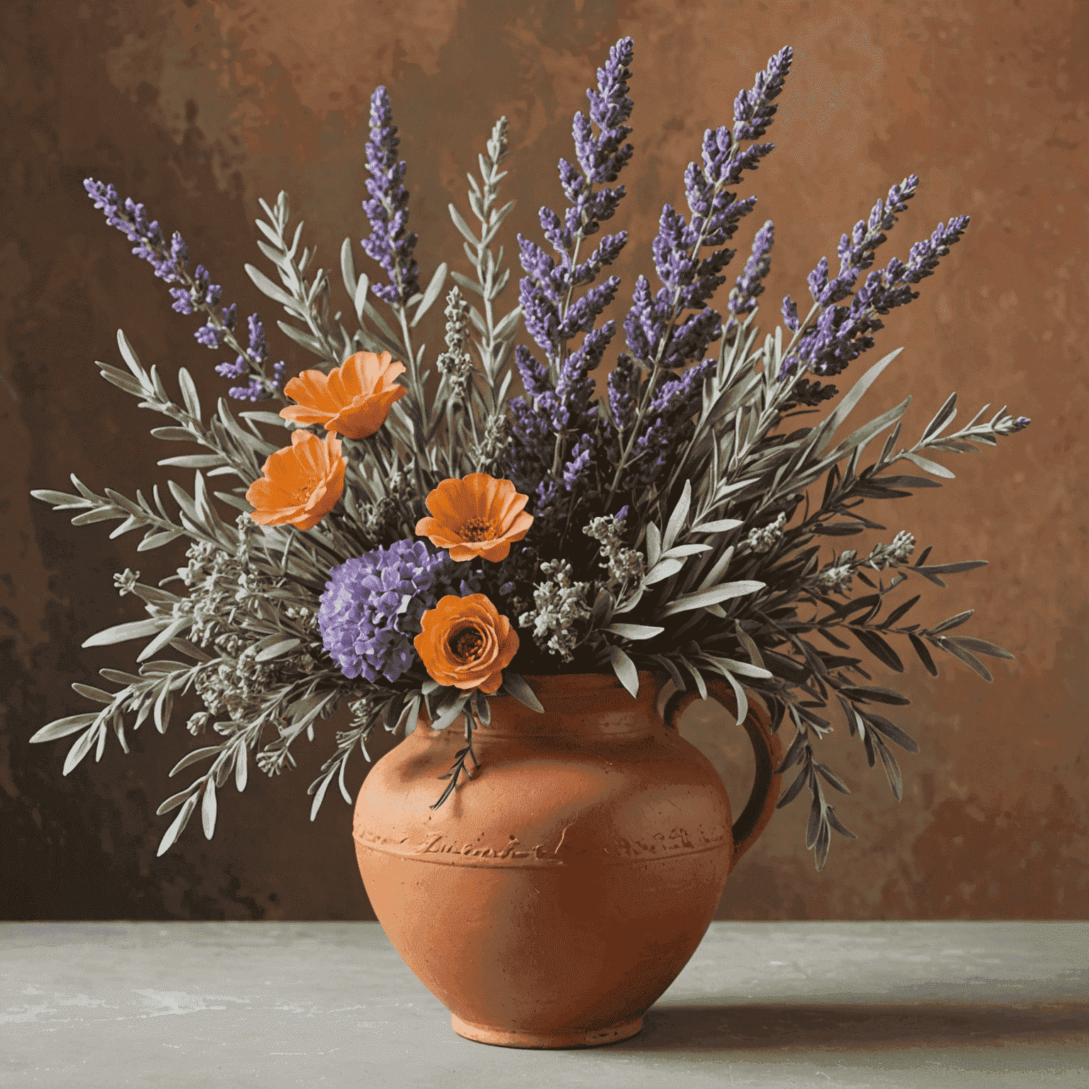 Hermoso arreglo floral inspirado en el Mediterráneo con lavanda, olivo y flores silvestres en un jarrón de terracota
