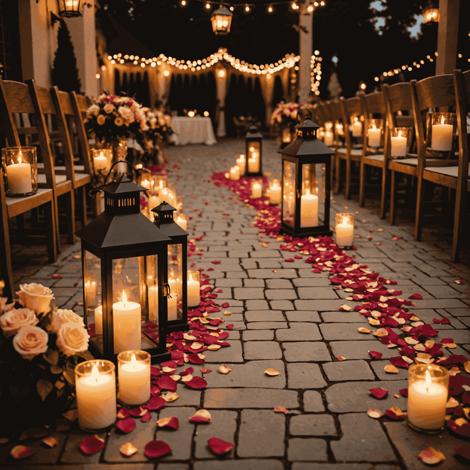 Pasillo de boda decorado con pétalos de rosa y faroles con velas