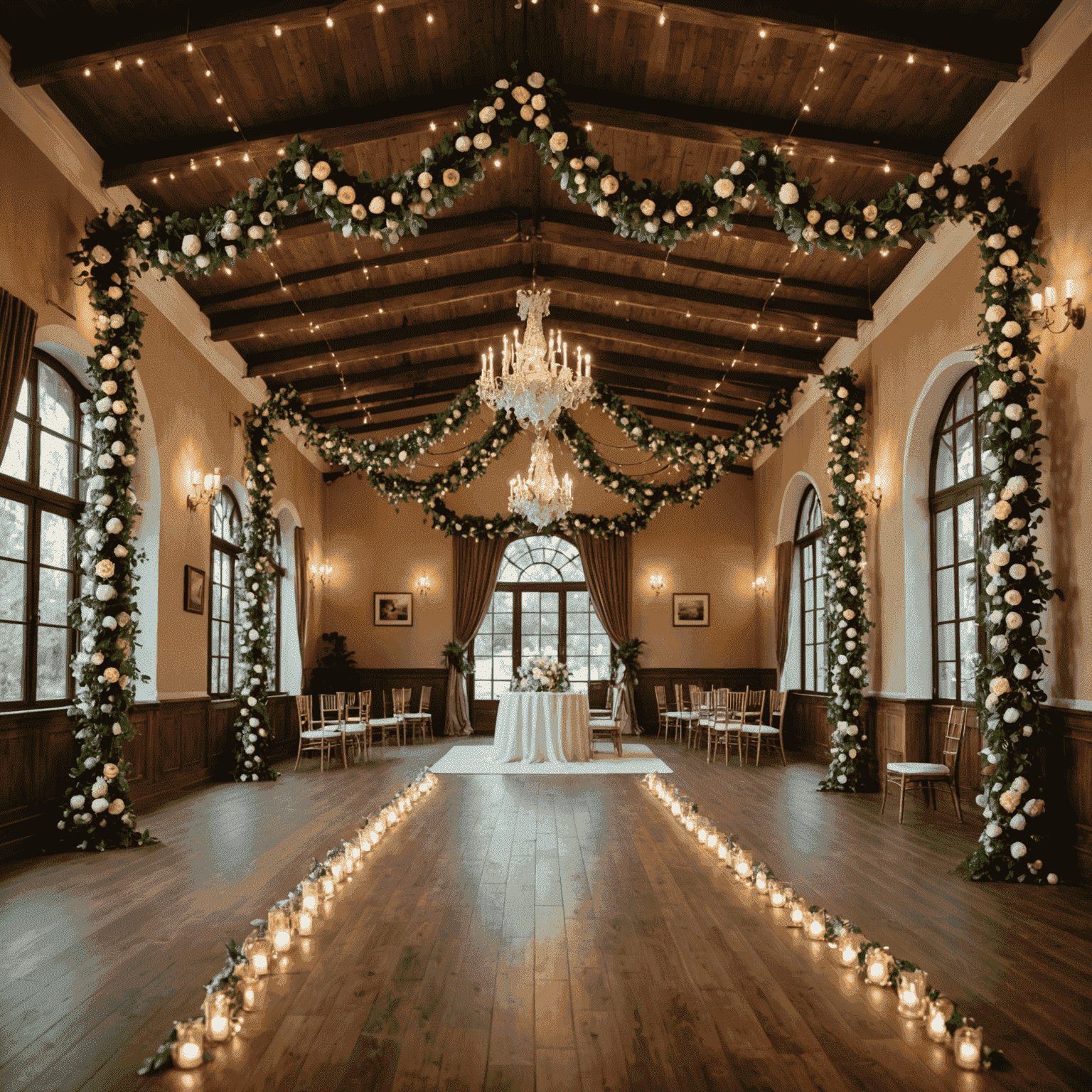 Salón de bodas decorado con guirnaldas florales y luces colgantes